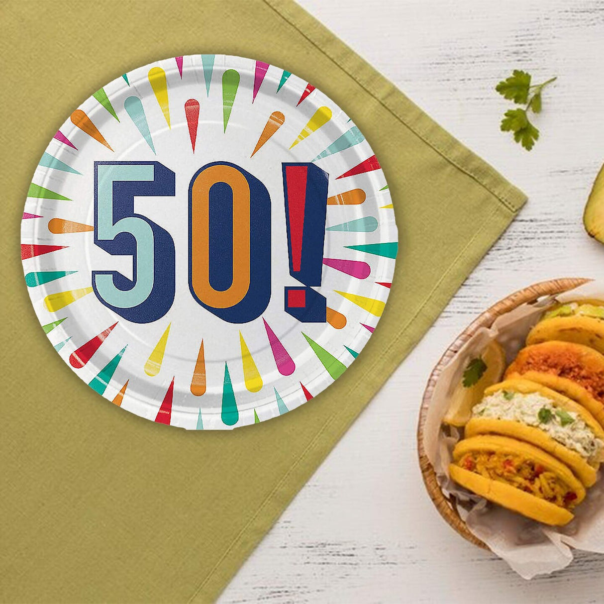 50th Birthday Burst Paper Dessert Plates 8 Count Colorful Milestone Party Supplies 7"