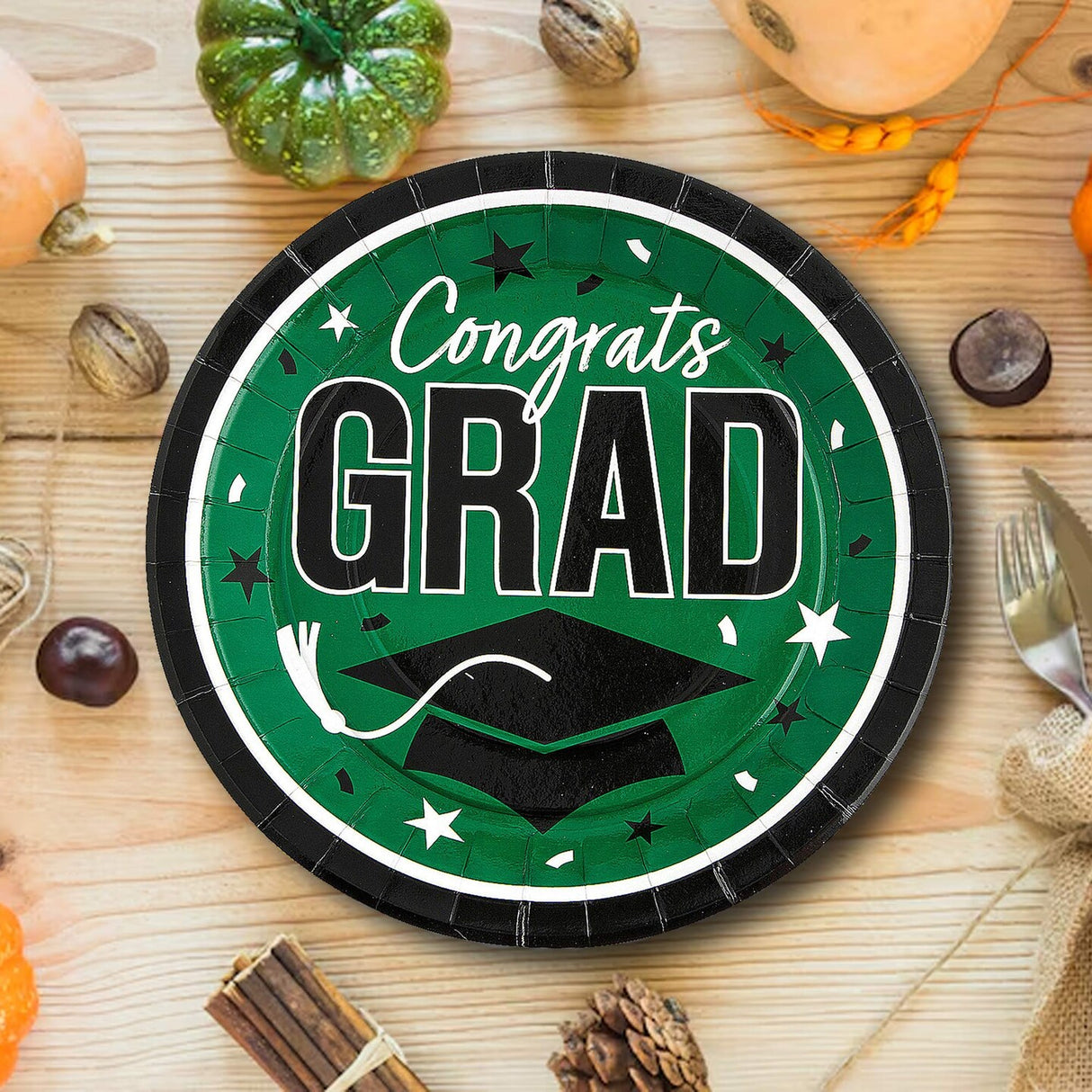 25 Count Green Congrats Grad 9 Inch Paper Plates for School Graduation Celebrations