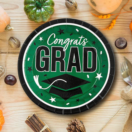25 Count Green Congrats Grad 9 Inch Paper Plates for School Graduation Celebrations