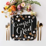 8 Count Black and Gold Congrats Graduation Party Square Paper Dinner Plates 9 1/4 Inch