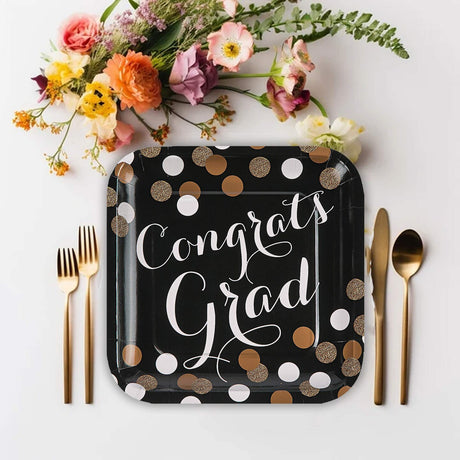 8 Count Black and Gold Congrats Graduation Party Square Paper Dinner Plates 9 1/4 Inch