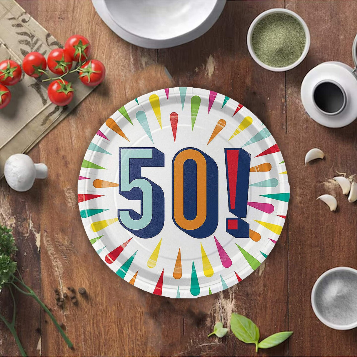 50th Birthday Burst Paper Dessert Plates 8 Count Colorful Milestone Party Supplies 7"
