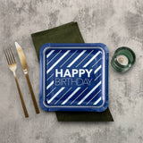8 Count Happy Birthday Blue & Silver Square Paper Dinner Plates 9.25" Stylish Disposable Party Plates