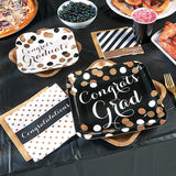 8 Count Black and Gold Congrats Graduation Party Square Paper Dinner Plates 9 1/4 Inch