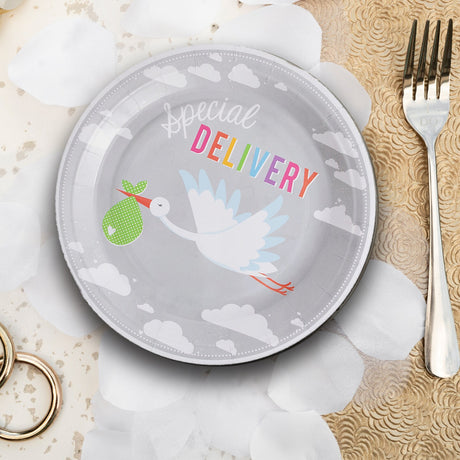 8 Ct.Bundle of Joy Stork Baby Shower Paper Dinner Disposable Plates 9"
