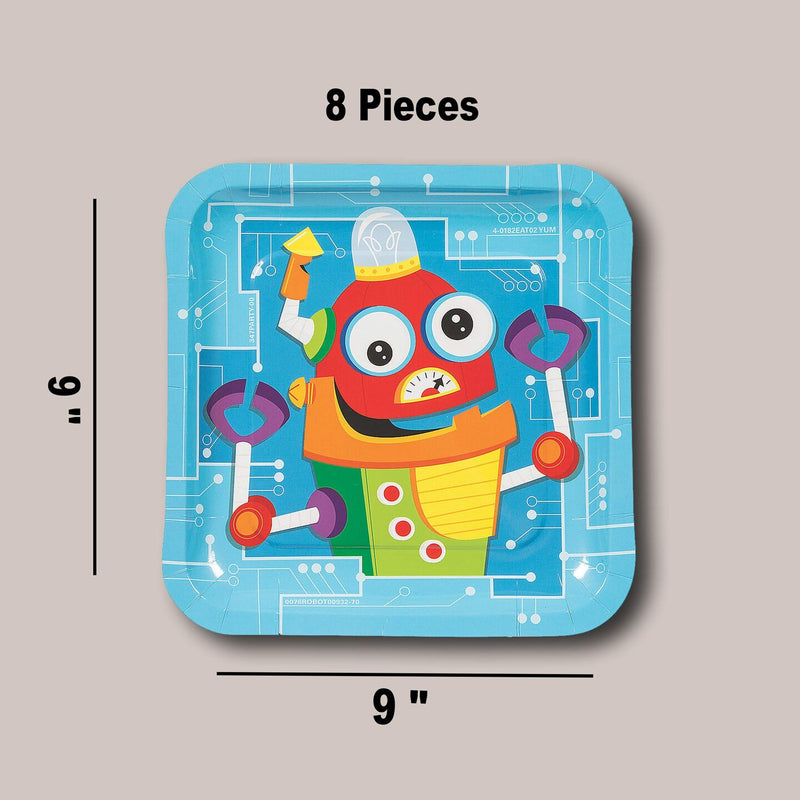 8 Count Silly Robot Party Square Paper Dinner Plates 9 Inch for Kids Birthday Celebration