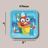 8 Count Silly Robot Party Square Paper Dinner Plates 9 Inch for Kids Birthday Celebration