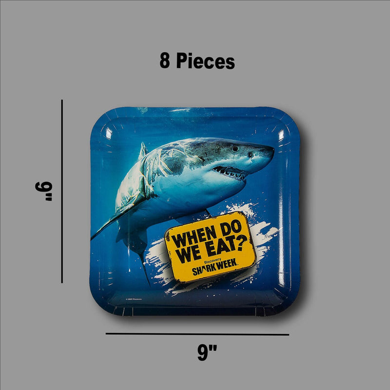 Shark Week Warning Sign Square Paper Plates 9 Inch 8 Count for Sea Life Party