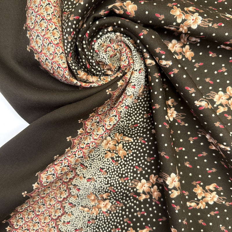 Printed Wool Blend Fabric Brown Green Floral