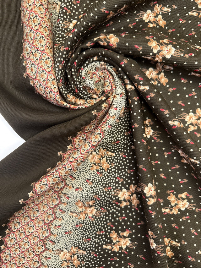 Printed Wool Blend Fabric Brown Green Floral