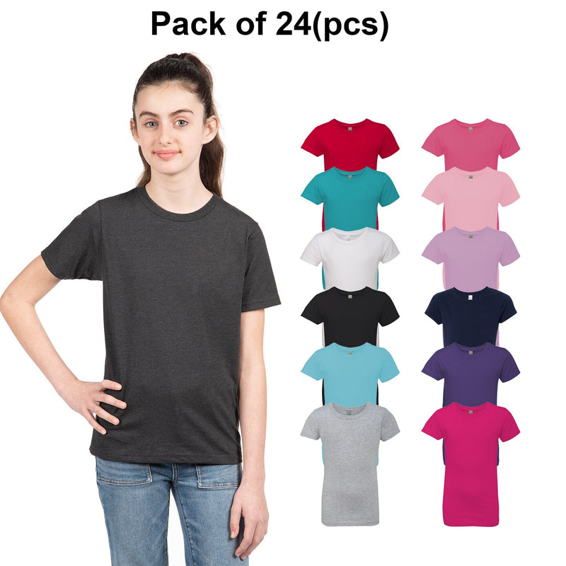 24-pack girls' cotton Princess crewneck short sleeve T-shirts in soft cotton, available colors, for bulk use