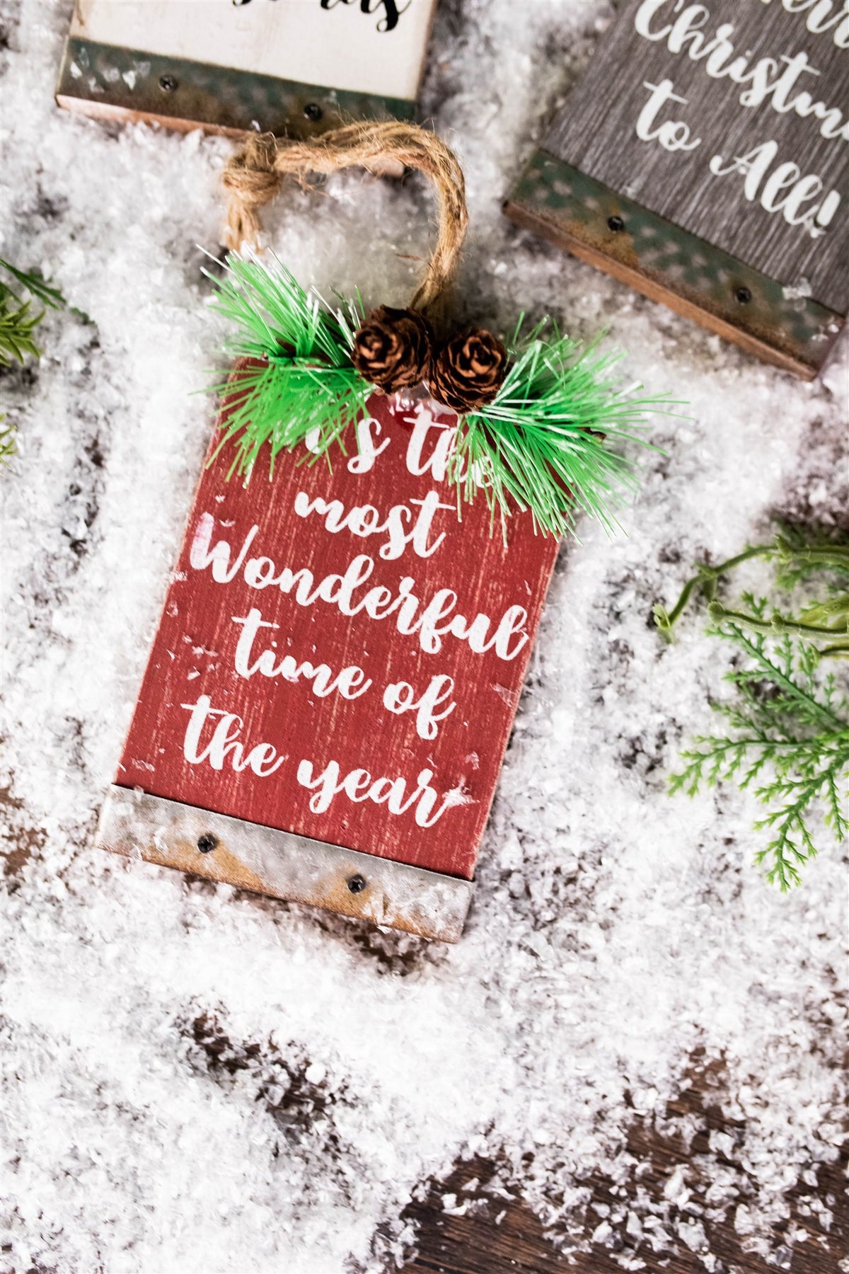 5” Wood Holiday Sign Ornament with Pinecone Accent