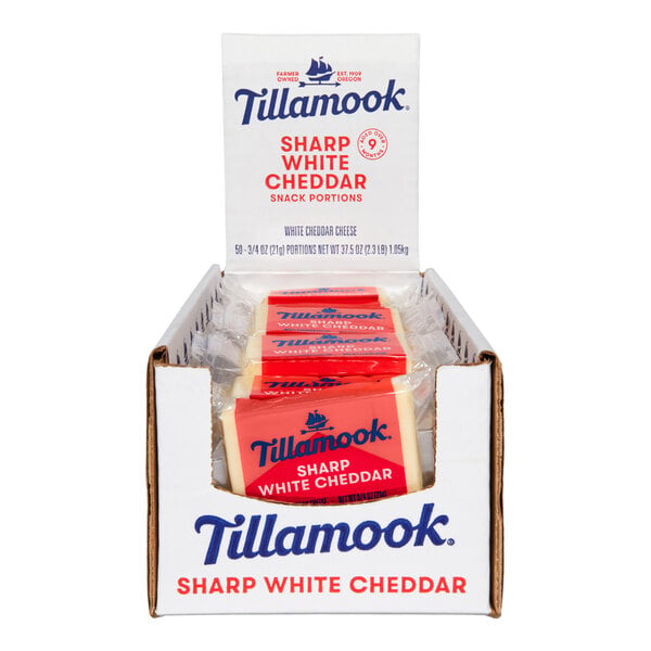 Tillamook Sharp White Cheddar Cheese Snack Portion 0.75 oz. with Merchandising Display Box (2 Boxes of 50) - 100/Case