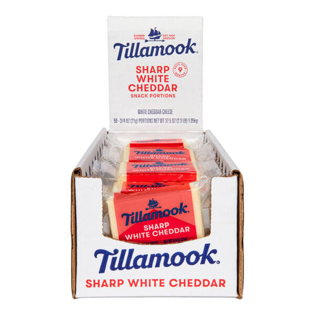 Tillamook Sharp White Cheddar Cheese Snack Portion 0.75 oz. with Merchandising Display Box (2 Boxes of 50) - 100/Case