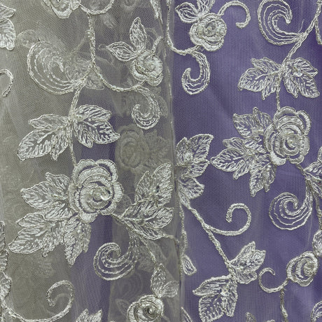 1 Yard 52" Wide Beaded & Corded Bridal Lace Fabric Embroidered on 100% Polyester Net Mesh