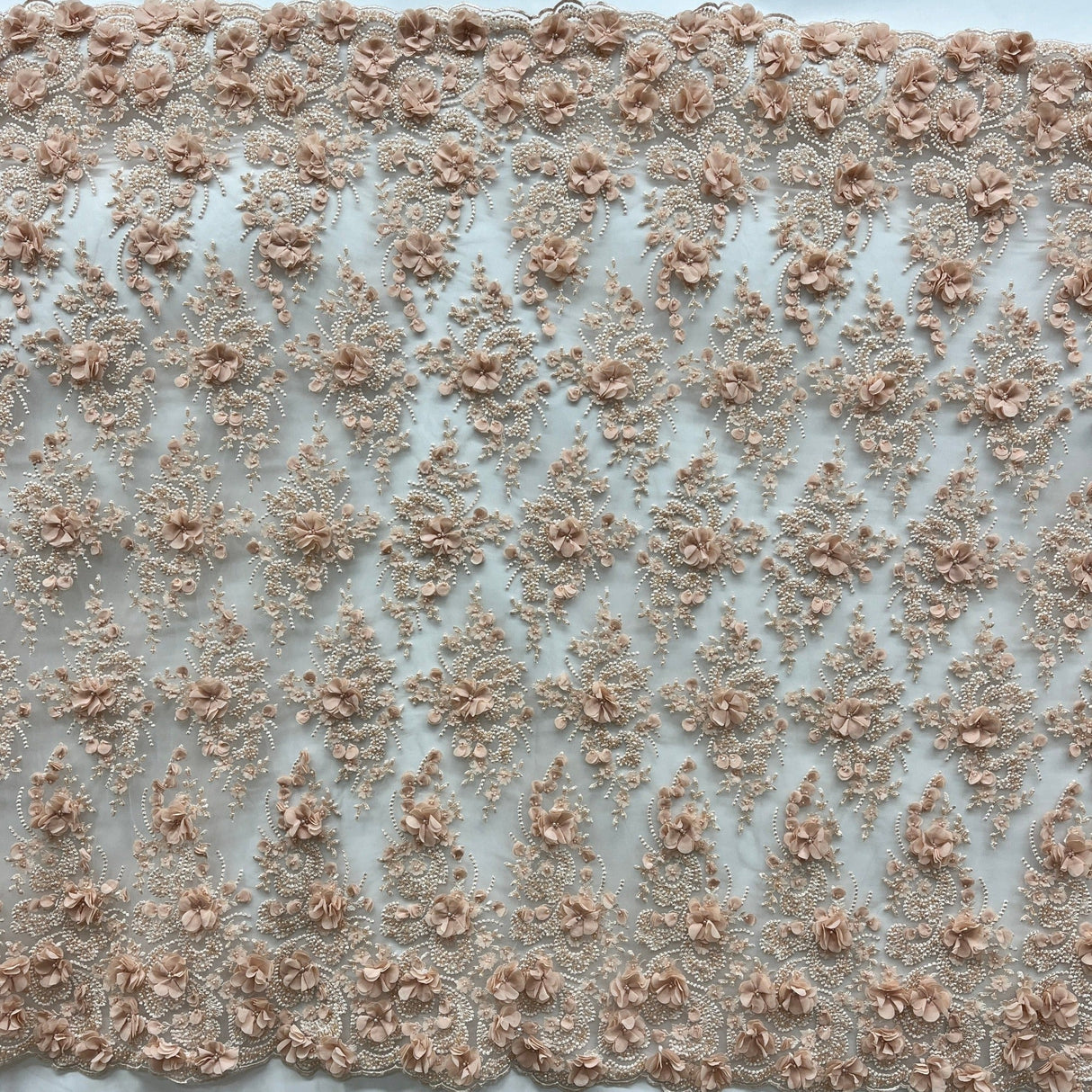 Beaded 3D Floral Lace Fabric Peach 48" Wide