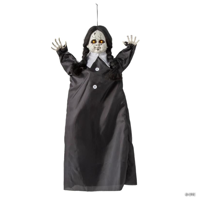 27 1/2" Animated Hanging Cracked Face Doll with Black Dress Halloween Decoration