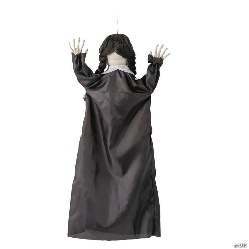 27 1/2" Animated Hanging Cracked Face Doll with Black Dress Halloween Decoration