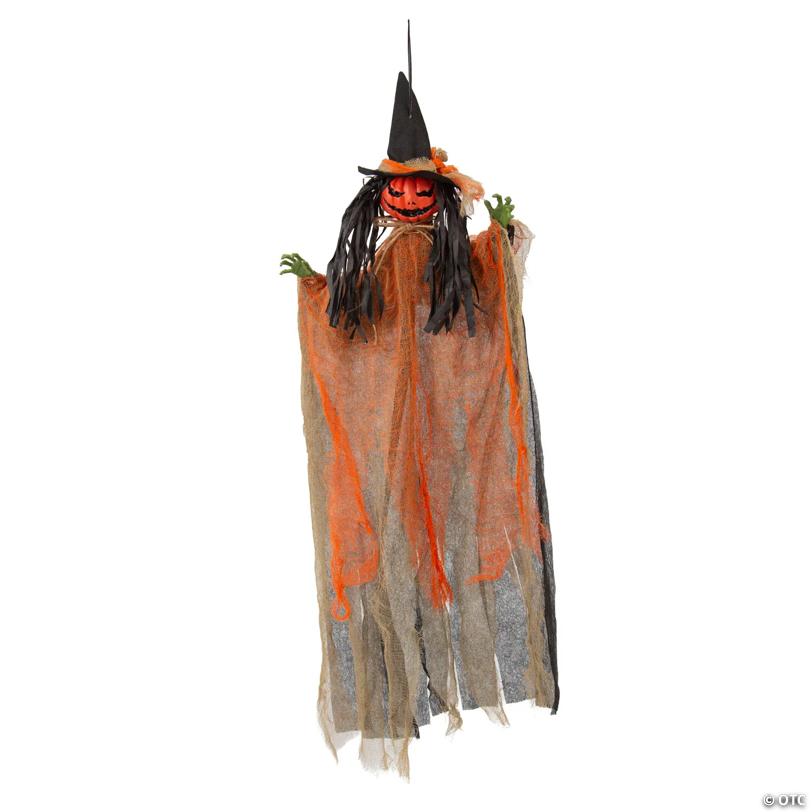 27 1/2" Hanging Orange Pumpkinhead Scarecrow with Hat Halloween Decoration