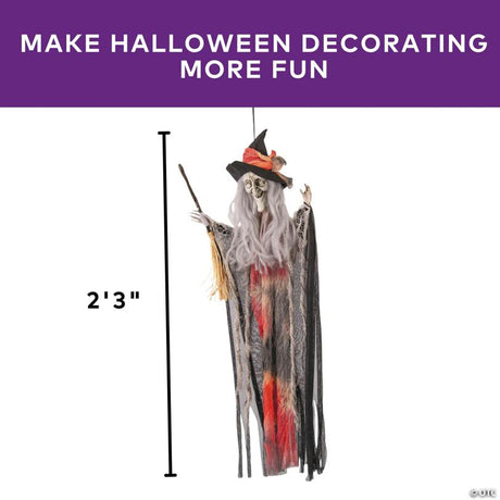 RADYAN Hanging Witch Halloween Decoration with Hat, Broom, and Cloak shown in a clear product image
