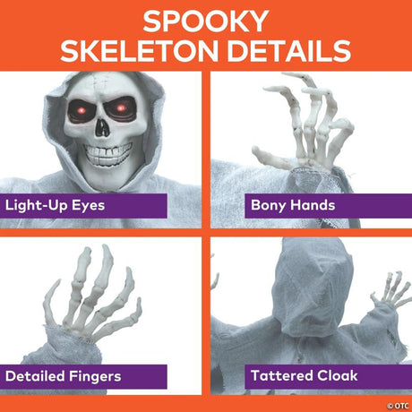 27 1/2-Inch Animated Groundbreaker Skeleton with Gray Hooded Cloak