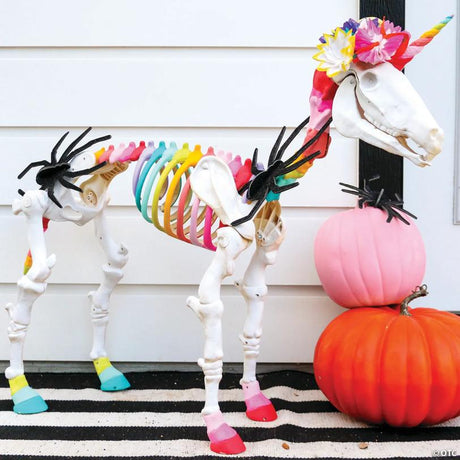 Unicorn Skeleton Halloween Decoration with Illuminated Eyes Detail, showing a detailed skeletal bone design