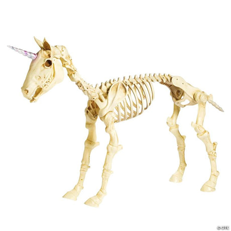 Unicorn Skeleton Halloween Decoration with Illuminated Eyes Detail, showing a detailed skeletal bone design