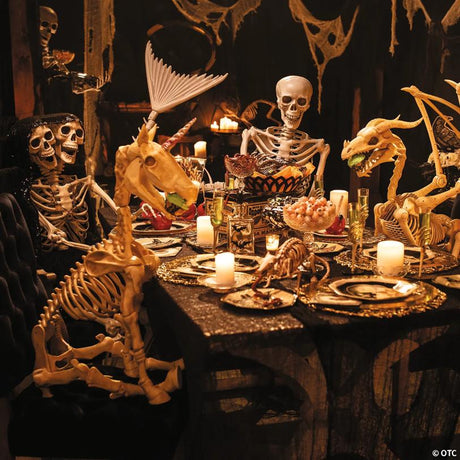 Unicorn Skeleton Halloween Decoration with Illuminated Eyes Detail, showing a detailed skeletal bone design