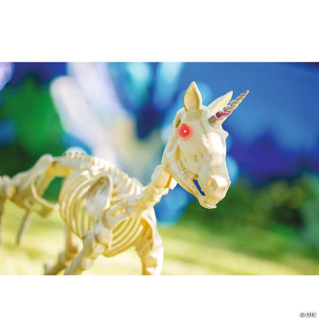 Unicorn Skeleton Halloween Decoration with Illuminated Eyes Detail, showing a detailed skeletal bone design