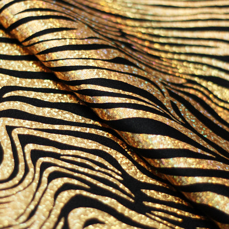 Roxy Zebra Nylon Spandex Fabric - Sparkly Hologram Zebra Print, Fuchsia, Green, Red, Silver, Gold On Black, 58-60" Width (1 Yard)