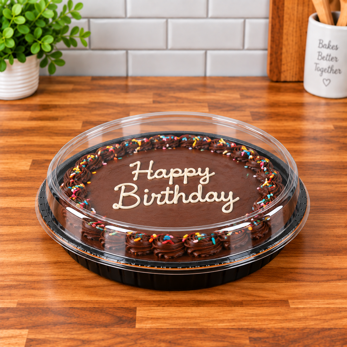 Bake, Take, and Show 10 1/4" Round Black Oven-Safe Cookie, cakes, pies Takeout Tray with Clear Lid