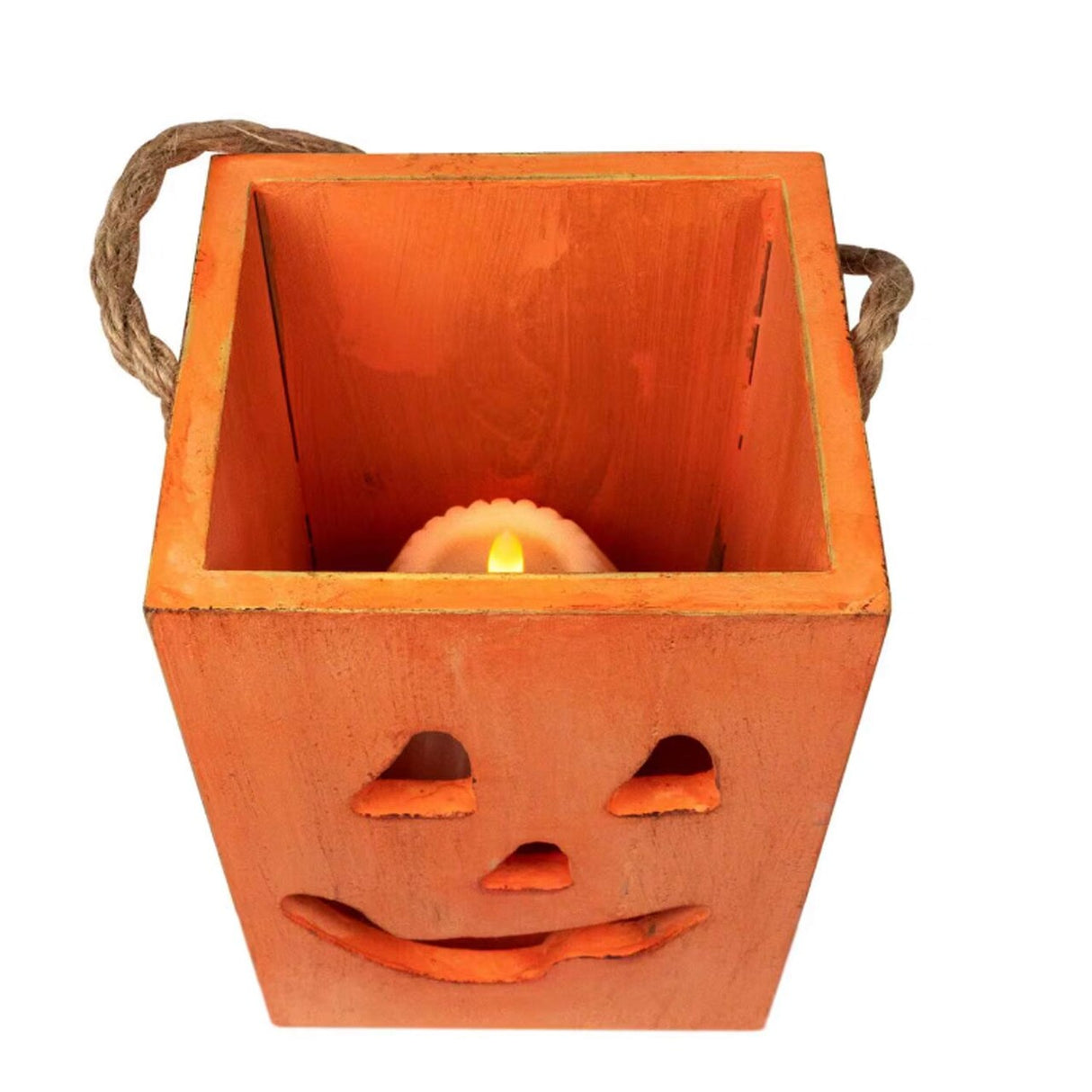6.25 in Small Orange Wood Jack O Lantern Halloween Candle Holder