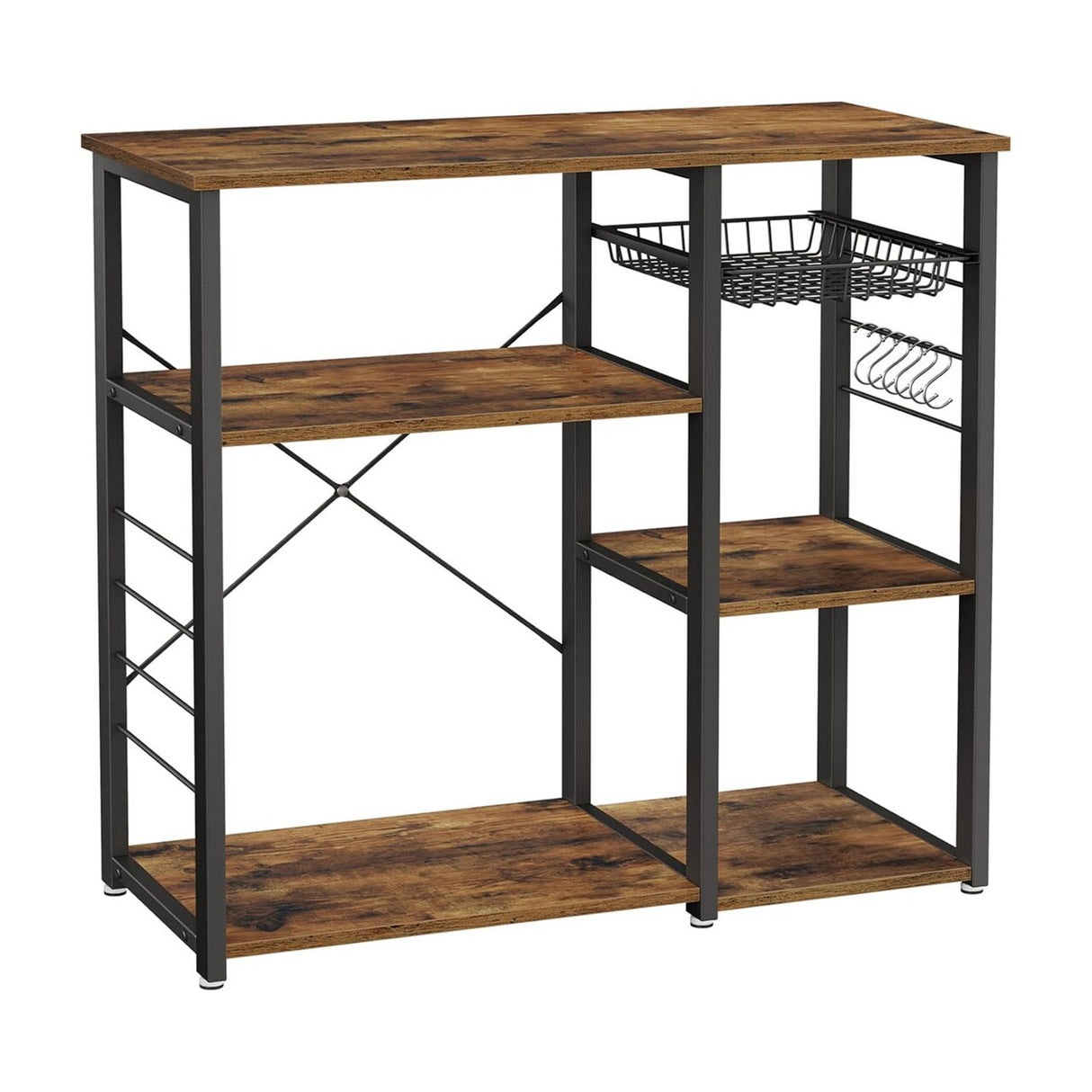 VASAGLE ALINRU Kitchen Baker’s Rack, Coffee Bar, Microwave Oven Stand, with Steel Frame, Wire Basket, 6 Hooks, 35.4", Rustic Brown
