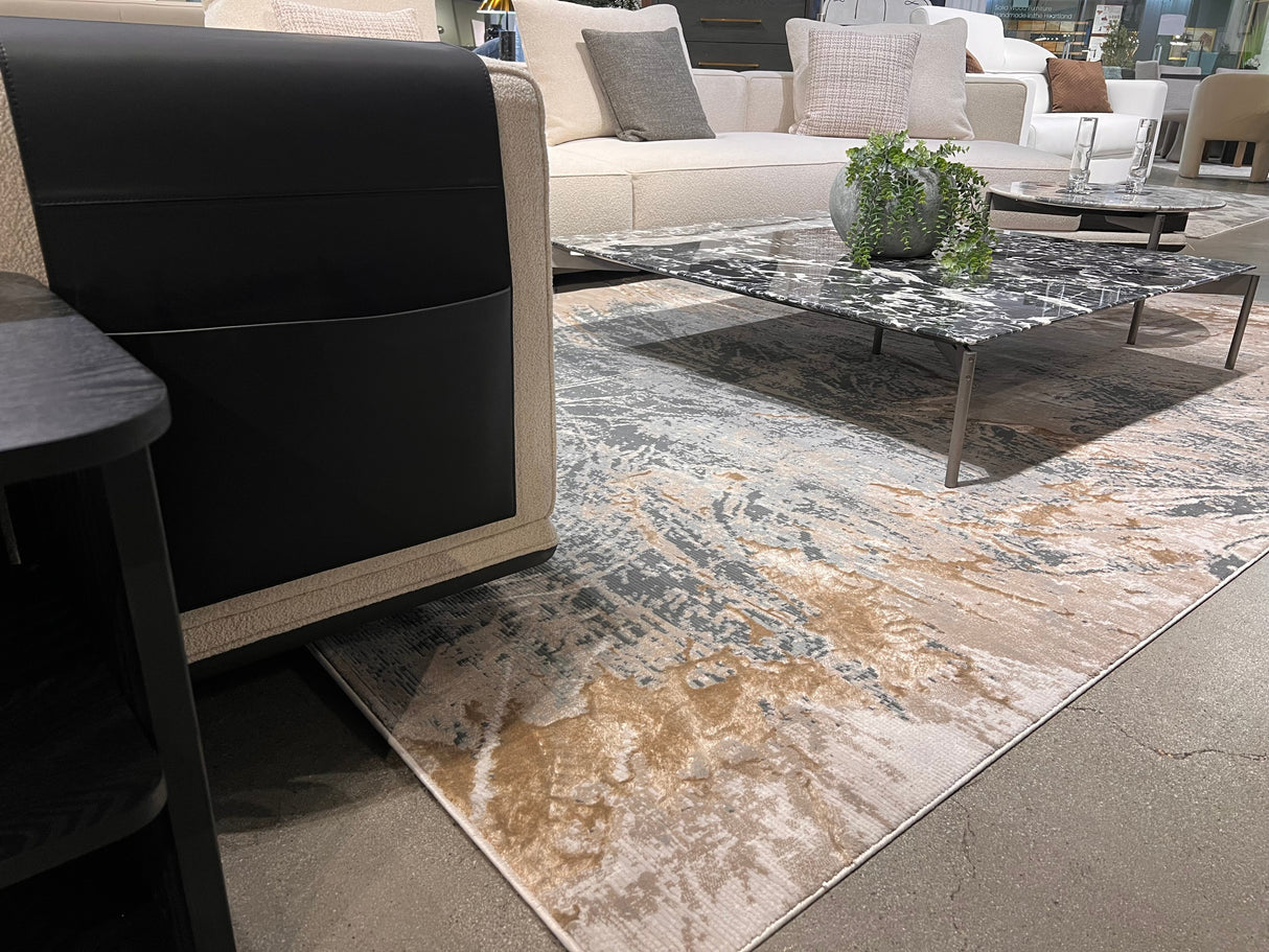 METZ 4201 Polyester Viscose Rug - Crème, Charcoal, Silver, Teal Marbled Abstract, Warm Mocha Tone-To-Tone High-Low Texture, 9' 8" X 13' (1 Rug)