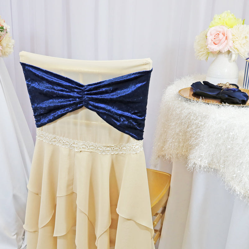 Ruffled Crushed Velvet Chair Band Sample 8x13 Navy Blue