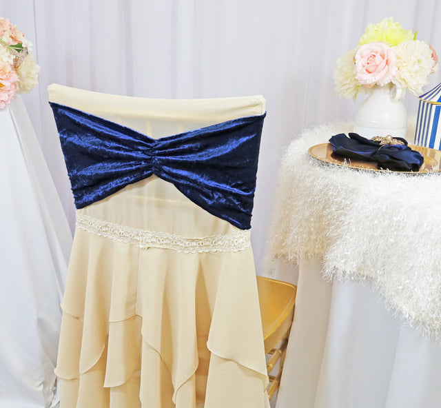 Ruffled Ice Crushed Velvet Chair Bands Navy Blue 8x13