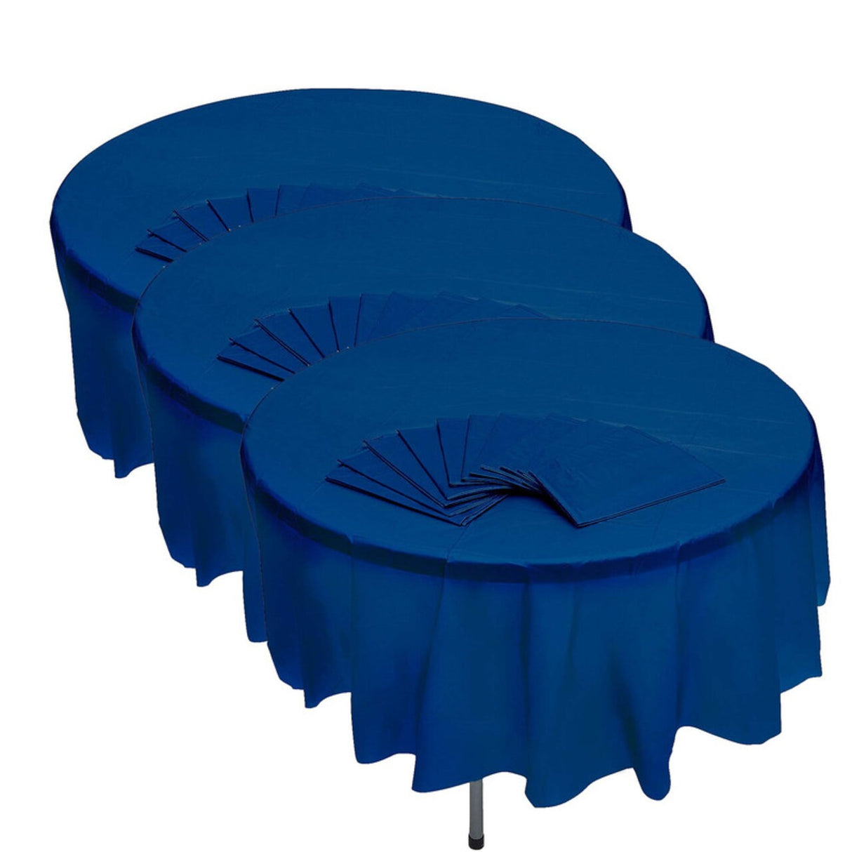 12-Pack Navy Blue 82'' Round Disposable Plastic Tablecloths – Banquet Style