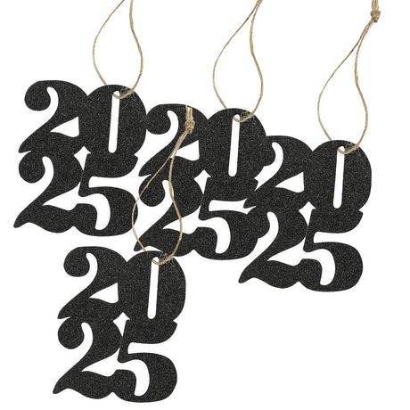 2 1/4" x 3" Stacked 2025 Year Black Glitter Cardstock Favor Tags - 12 Pc.