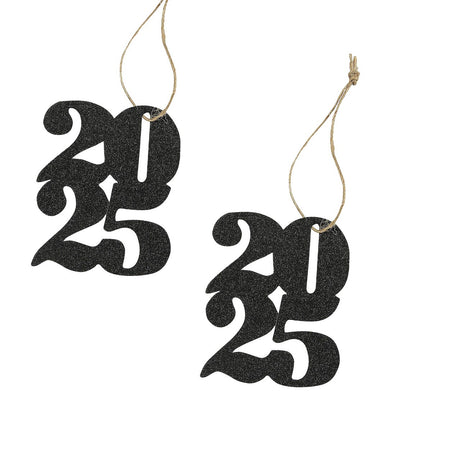 2 1/4" x 3" Stacked 2025 Year Black Glitter Cardstock Favor Tags - 12 Pc.