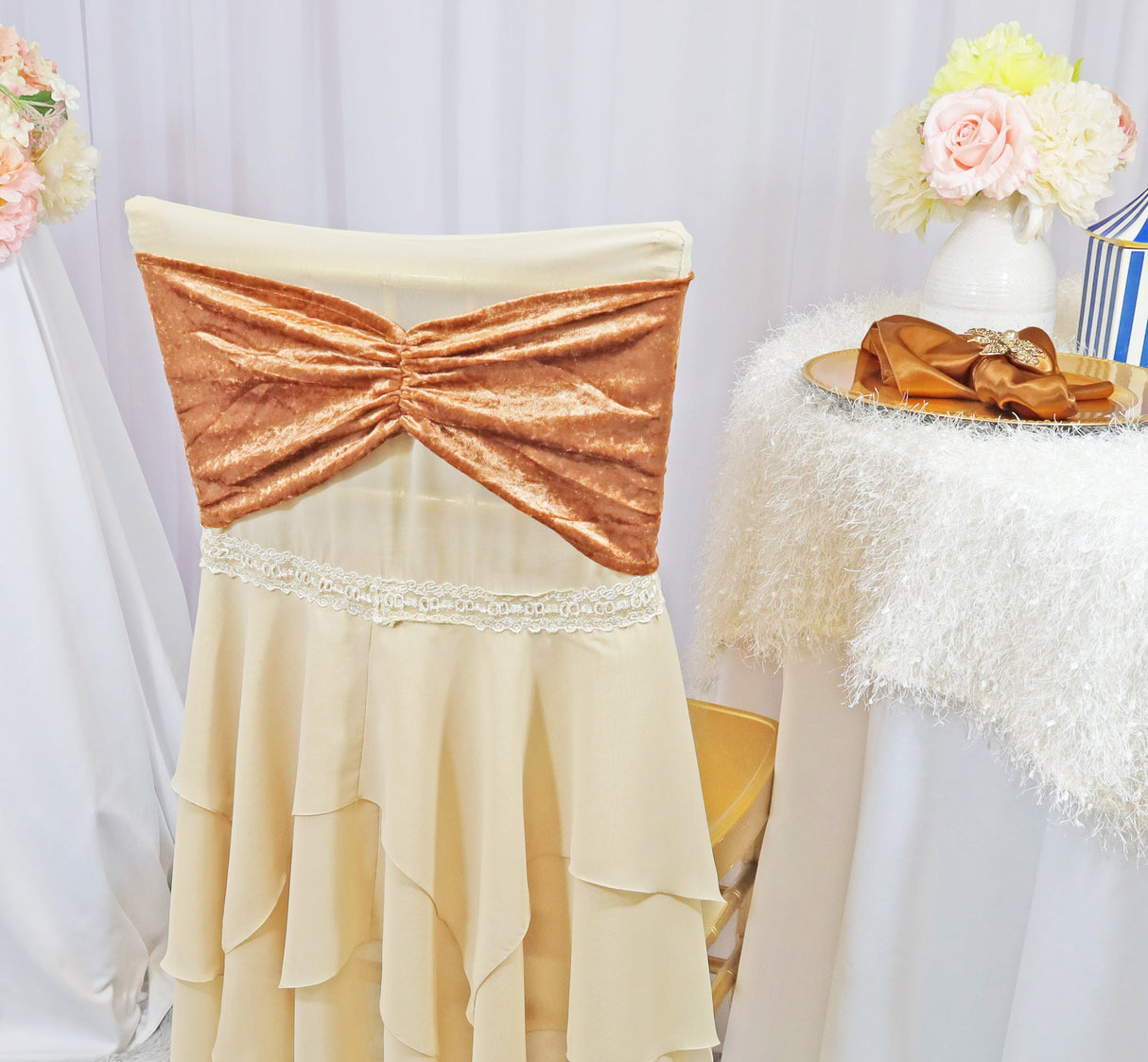 Ruffled Crushed Velvet Chair Band Sample 8x13 Copper