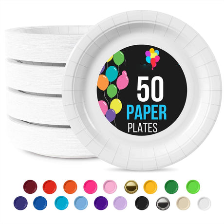 50 Count White Paper Plates 9 Inch Durable Disposable Dinner Plates for Events and Parties