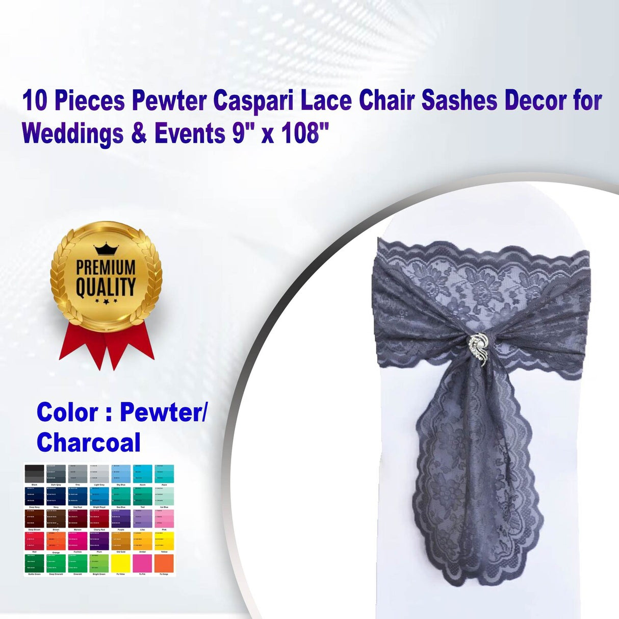 10 Pieces Pewter Caspari Lace Chair Sashes Decor for Weddings & Events 9" x 108"