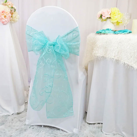 10 Pieces Pool Blue Embroidered Organza Chair Sashes 8"x108" Elegant Event Decor Accents