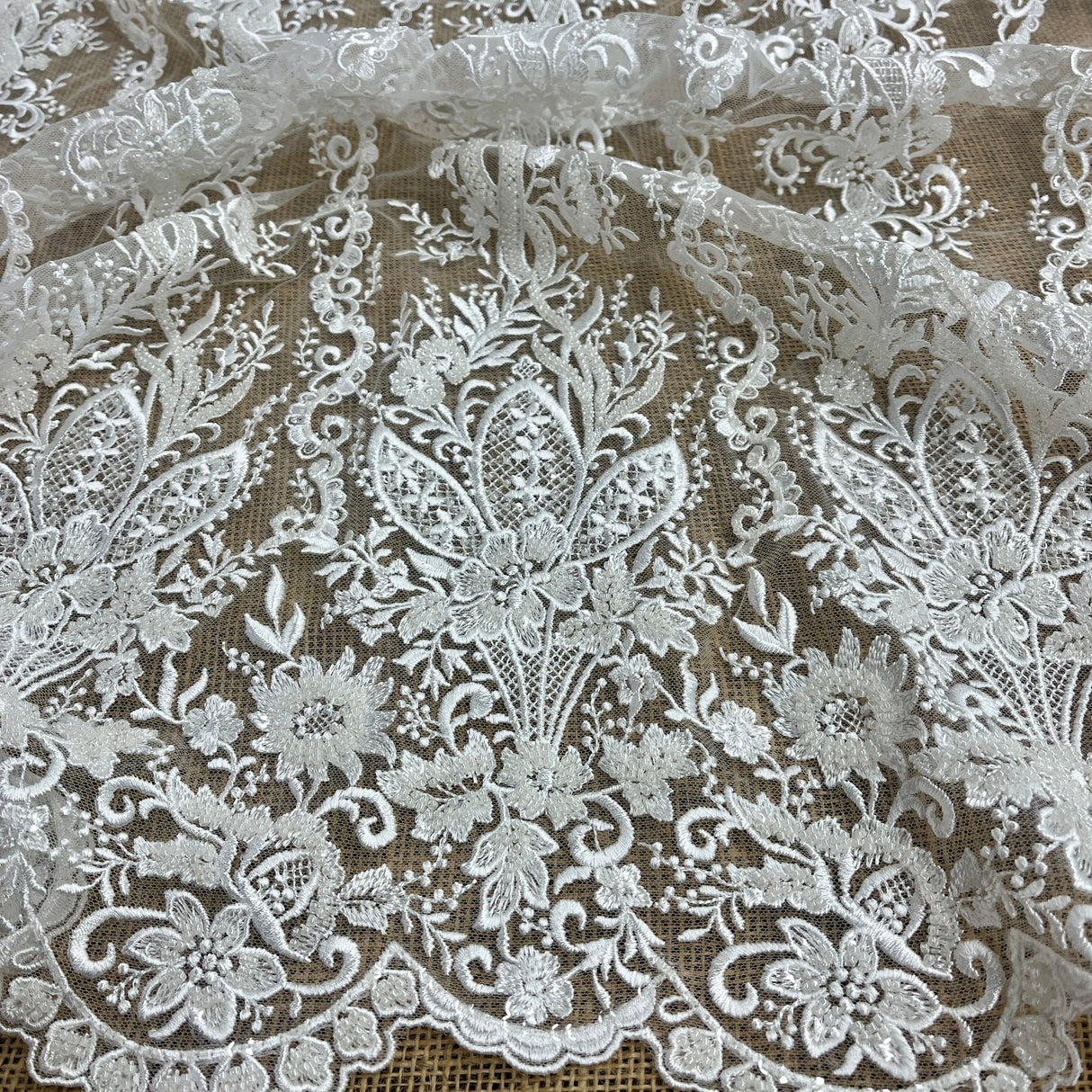Beaded Lace Fabric Embroidered Net Mesh Ivory 51" Wide