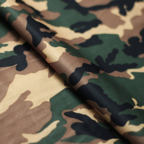Camo Classic Poly Spandex Fabric - Green/Brown Camouflage Print, Four-Way Stretch, 58/60" Width, 240 GSM (1 Yard)