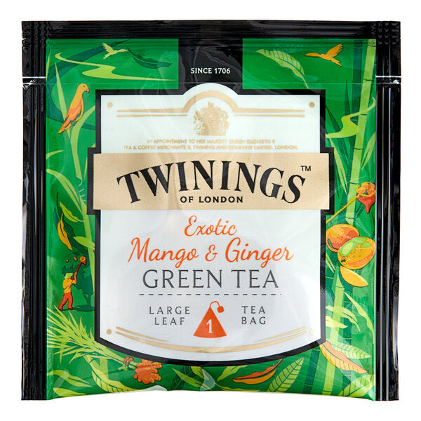 Twinings Green Exotic Mango & Ginger Large Leaf Pyramid Tea Sachets - 100/Case