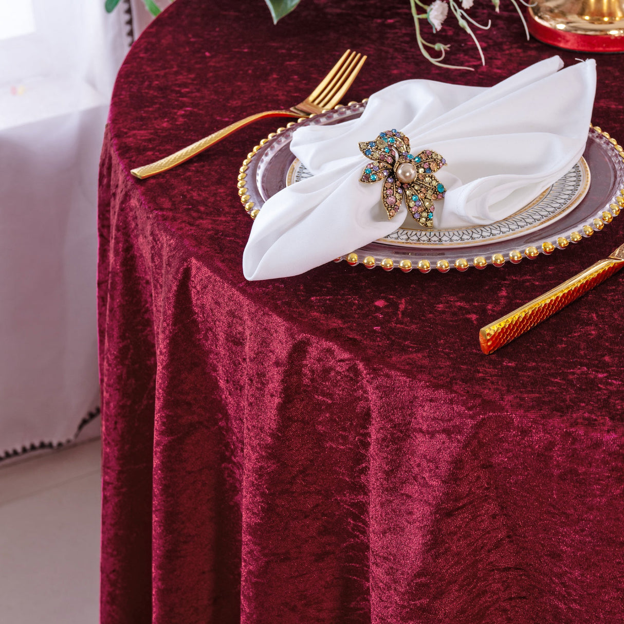 Square Crushed Velvet Tablecloth Overlay 85x85 Burgundy