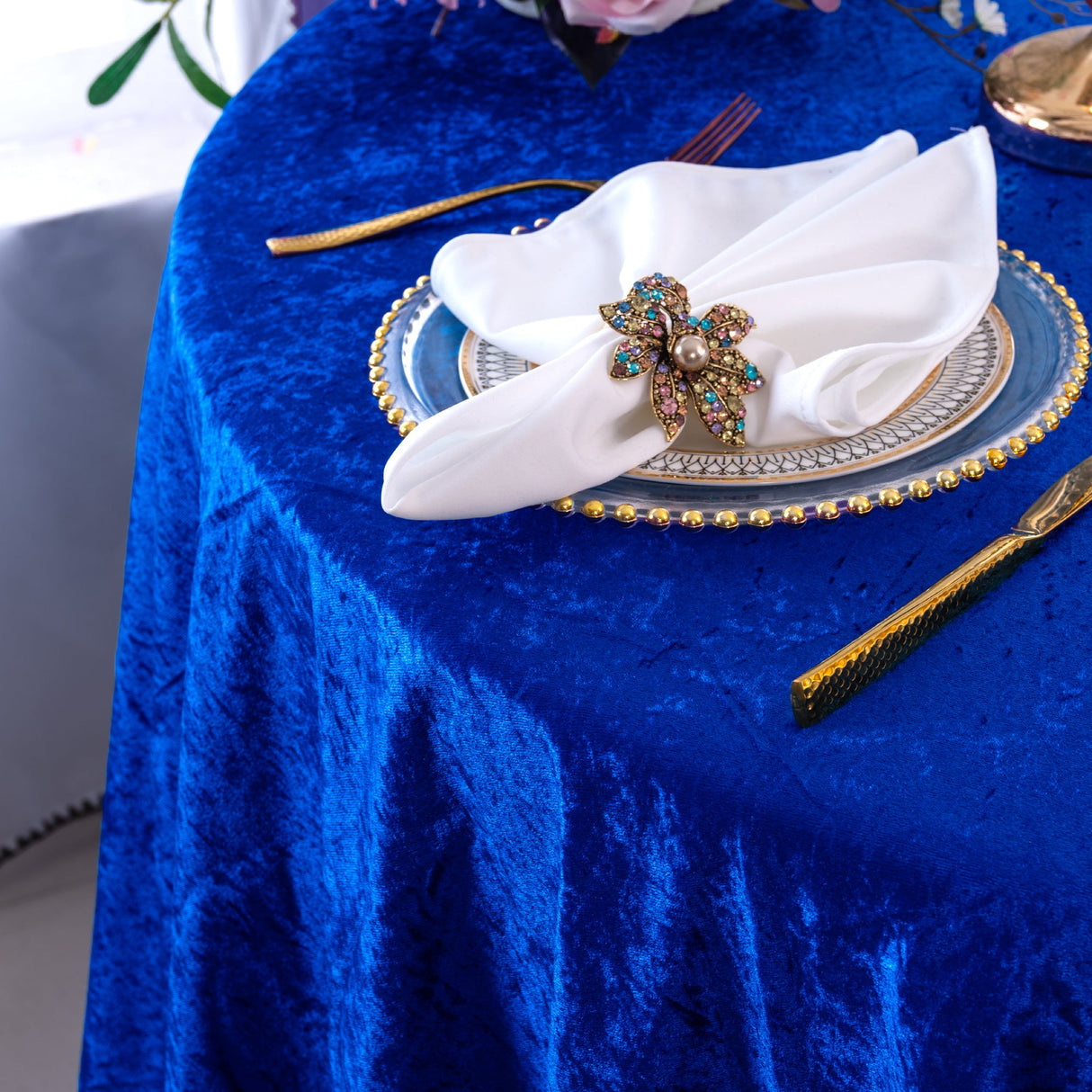 Square Crushed Velvet Tablecloth Overlay 85x85 Royal Blue