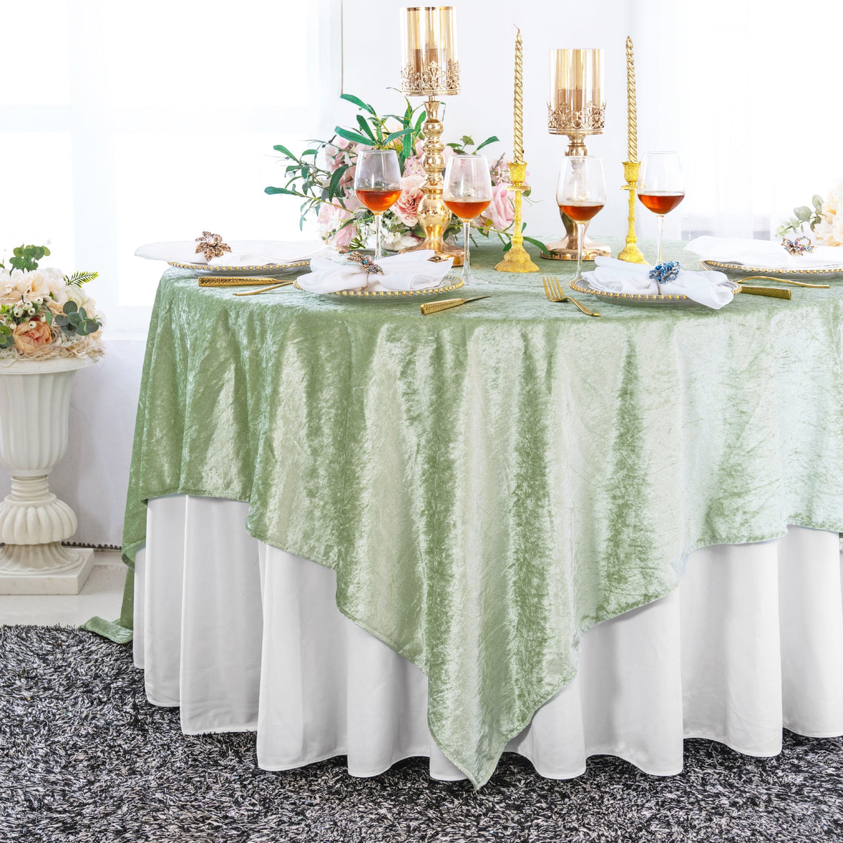 Square Crushed Velvet Table Overlay 85x85 Sage Green