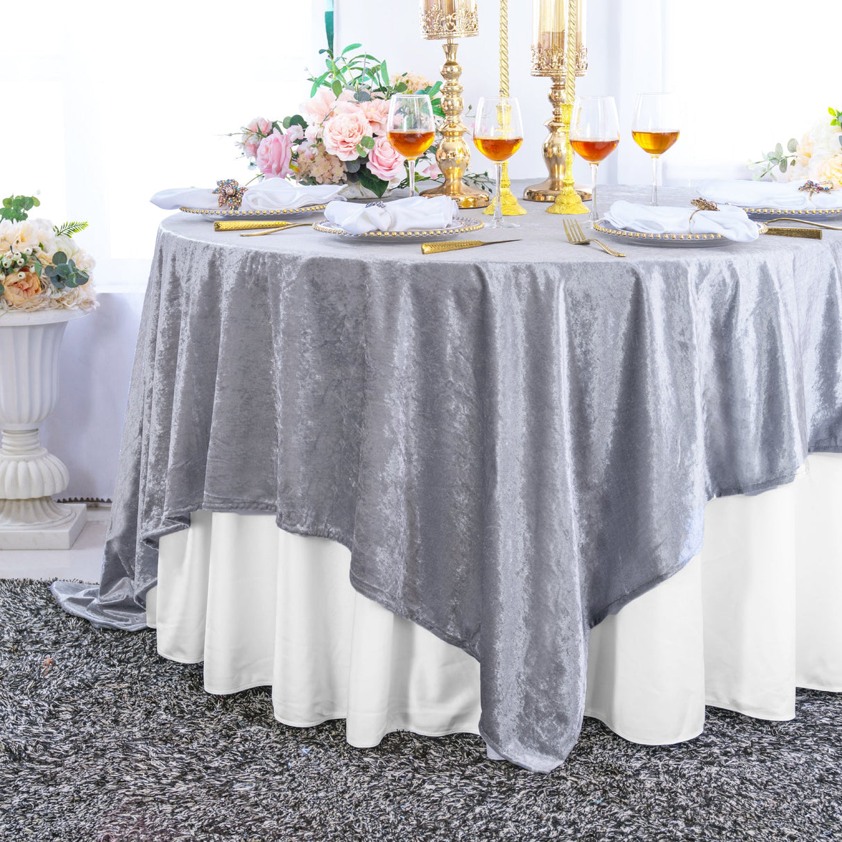 Square Crushed Velvet Table Overlay 85x85 Silver